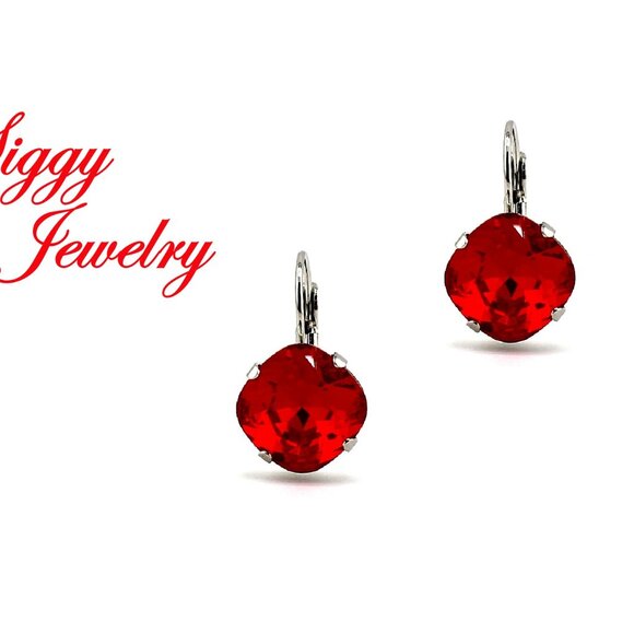 Light Siam 12mm Cushion Cut Drop Earrings made with Swarovski Crystals - Picture 2 of 6